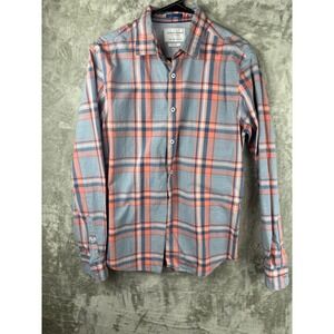 Denim Flower Mens Medium Blue Orange Plaid Slim Fit Button Down Shirt Casual